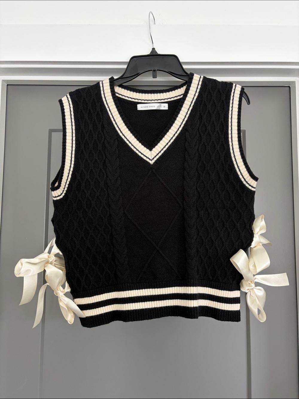 Altar’d State Black and Cream Cable-Knit V-Neck Sweater Vest w Side Ribbon Ties